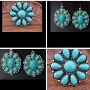 New Faux Turquoise and Silver Southwestern Jewelry Set Earrings & Ring